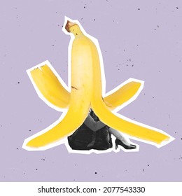 Contemporary art collage female legs, woman sitting into banana isolated over purple background. Concept of creativity, imagination, inspiration, food, art. opy space for ad