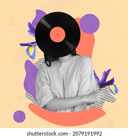 Contemporary Art Collage Of Female, Woman With Vinyl Record Head Isolated Over Colorful Yellow Background. Retro Style. Concept Of Art, Music, Creativity, Vintage Style. Copy Space For Ad