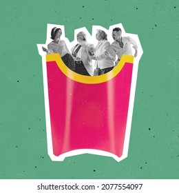 Contemporary Art Collage Of Four Joyful People, Men And Women Standing Into Box For Fries Isolated On Green Background. Junk Food. Concept Of Creativity, Imagination, Artwork, Food. Copy Space For Ad