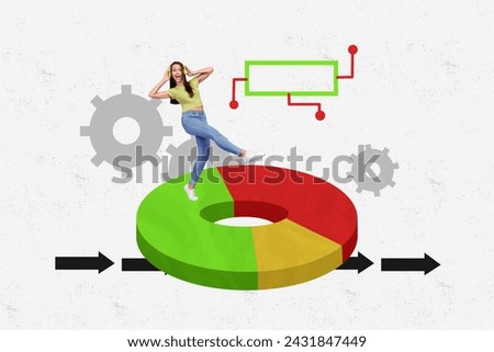Contemporary art collage of funky lady dancing wear earphones standing pie chart diagram change volume isolated on white background