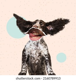 Contemporary Art Collage. Funny Image Of Dog With Human Mouth Element Isolated Over Peach Background. Looks Excited. Concept Of Modern Design, Surrealism, Fun, Creativity, Inspiration, Emotion