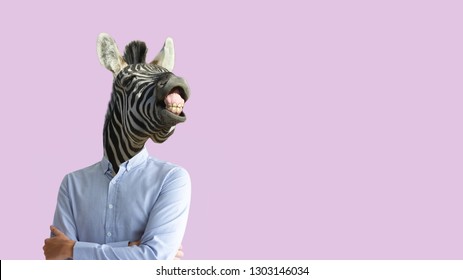Contemporary Art Collage. Funny Laughing Zebra Head On Human Body In Business Shirt. Clip Art, Negative Space.