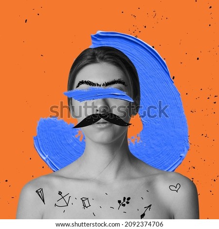 Contemporary art collage. Gender x. Composition with young girl male feature on her face isolated over colored background. Concept of freedom, body positivity, equality, diversity.