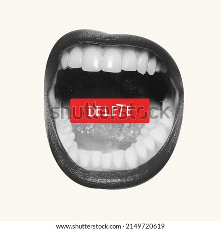 Contemporary art collage. Giant female mouth with delete word inside symbolizing confidentiality of business information. Creative image. Concept of career, personal data, security system