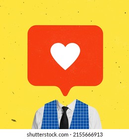 Contemporary Art Collage. Giant Social Media Like Instead Human Head Isolated Over Yellow Background. Concept Of Social Media, Influence, Popularity, Modern Lifestyle And Ad