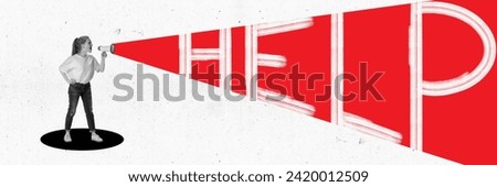 Contemporary art collage. Girl shouts loudly and fiercely into megaphone and huge red and white word HELP comes out of it. Consumer protection. Concept of shopping, customer service management. Banner