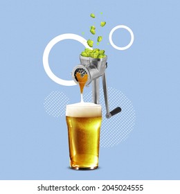 Contemporary art collage with grinder cutting beer hops into glass of foamed lager beer isolated over blue background. Concept of festival, national traditions, taste, drinks, Oktoberfest, ad
