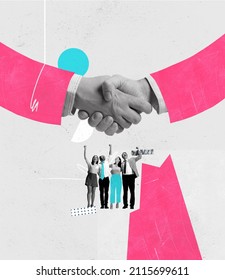 Contemporary art collage. Group of employees, business people celebrating successful deal. Giand hands shaking. Profitable cooperation. Concept of business, teamwork, career growth - Shutterstock ID 2115699611