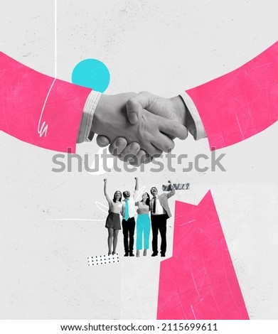 Contemporary art collage. Group of employees, business people celebrating successful deal. Giand hands shaking. Profitable cooperation. Concept of business, teamwork, career growth