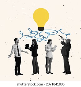 Contemporary art collage. Group of people, employees generating business ideas. Lightbulb symbolizing solution, brainstorm. Concept of business, motivation, achievement, goal, team work and ad