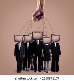 Contemporary art collage. Group of people with retro tv heads standing like zombie. Disinformation. Concept of censorship, mass media influence, information, fake news. Manipulation