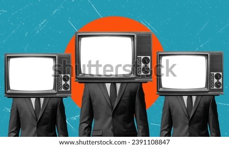 Contemporary art collage. Group of people with retro tv heads standing like zombie. Disinformation. Concept of censorship, mass media influence, information, fake news. Manipulation