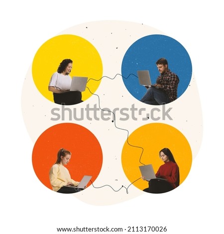 Contemporary art collage. Groupd of people, business partners communicating via Internet symbolizing teamwork, teleworking. Having online discussion. Concept of communication, cooperation, assistance