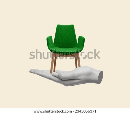 Contemporary art collage of hand with comfortable armchair. Modern design. Copy space for ad.
