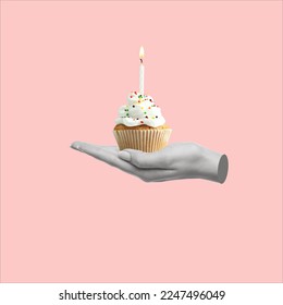 Contemporary art collage of hand holding a cupcake with a burning candle. Party time. Concept of birthday invitation design. Copy space for ad.
				