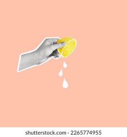 Contemporary art collage of hand holding lemon. Sprinkle it with lemon juice. Modern design. Copy space for ad. - Powered by Shutterstock