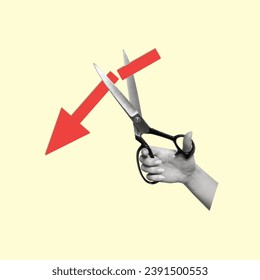 Contemporary art collage of a hand holding scissors cutting arrow. Modern creative artwork. Copy space for ad.
