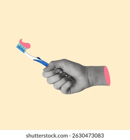 Collage de arte contemporáneo de una mano sosteniendo un cepillo de dientes con pasta de dientes rosa. Rituales matutinos y vespertinos. Higiene, limpieza, salud.