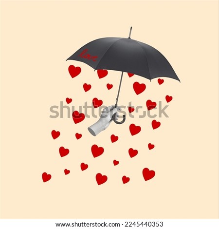 Contemporary art collage of a hand holding an umbrella and rain from hearts. Modern design. Holidays and love concepts. Women's Day, Valentine's Day. Greeting card. Copy space.
