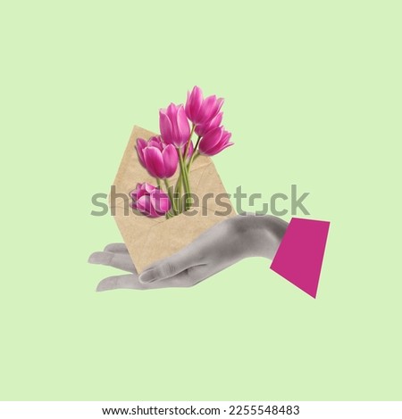 Contemporary art collage of hand holding an envelope with flowers tulips. Holidays and love concept. Women's Day on March 8, Valentine's Day. Greeting card. Copy space.