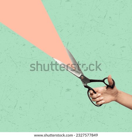 Contemporary art collage of a hand holding scissors. Copy space for ad. Modern design.
