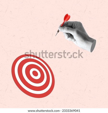 Contemporary art collage of hand holding a dart aiming at the target. Business targeting, aiming, focus concept. Modern design. Copy space.
