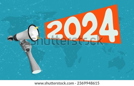 Contemporary art collage. Hand holding megaphone isolated on blue background. Concept art, surrealism, new year, news, sales. Place for advertising.
