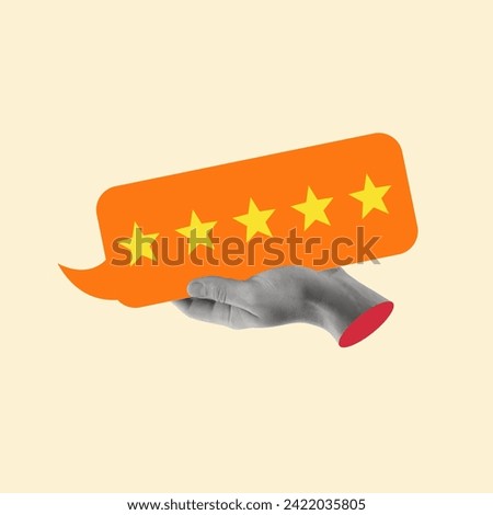 Contemporary art collage with hand holding speech bubble with five stars. Concept of shopping, customer and service management. Positive review.