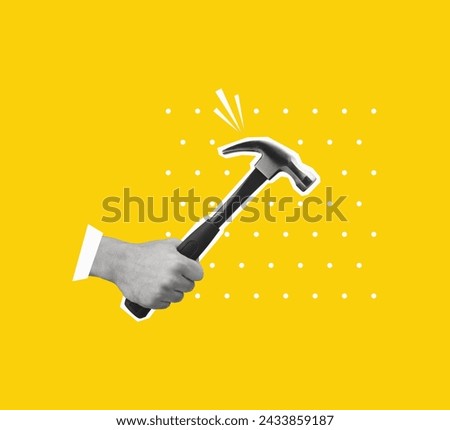 Contemporary art collage of hand holding a hammer. Modern design. Copy space.