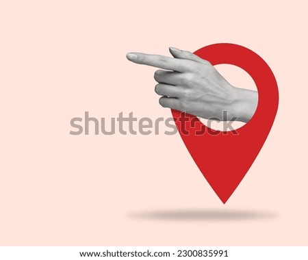 Contemporary art collage with a hand and  location symbol icon.  Position element. Modern design. Copy space.