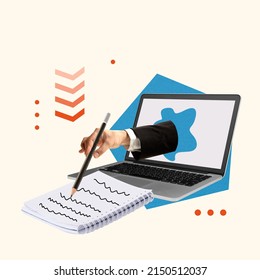 Contemporary art collage. Hand sticking out laptop and writing down business notes. Online negotiations and meetings. Worldwide cooperation. Concept of communication, strategy, success - Powered by Shutterstock