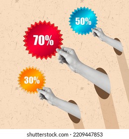 Contemporary Art Collage Of Hands With Discount. Concept Of Sales, Shopping And Black Friday. Copy Space For Ad.
