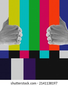 Contemporary Art Collage. Hands Holding Broken TV Translation Symbolizing Bad Network Connection. Blocking News. Concept Of Creativity, Artwork, Surrealism, Internet, Communication, Ad