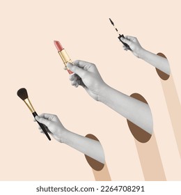 Contemporary art collage of hands holding makeup brush, mascara and lipstick. Concept of art, creativity, imagination. Copy space. Makeup, beauty, cosmetics.