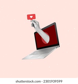 Contemporary art collage of hands with social like icon out laptop. Concept of social media addiction, popularity, influence. Copy space.
