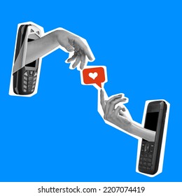 Contemporary art collage. Hands sticking out retro phone screen and exchanging social media likes. Concept of social media, influencer, news, communication. Copy space for ad, poster - Shutterstock ID 2207074419