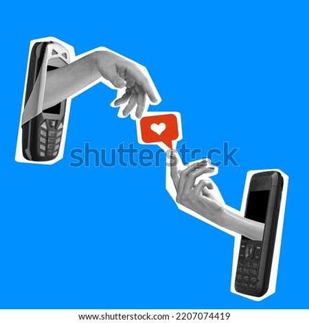 Contemporary art collage. Hands sticking out retro phone screen and exchanging social media likes. Concept of social media, influencer, news, communication. Copy space for ad, poster