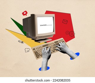 Contemporary art collage. Hands typing on vintage computer keyboard. Concept of business, career, employers, teamwork, cooperation, success. Copy space for ad, text, design