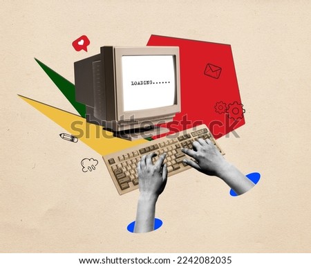 Contemporary art collage. Hands typing on vintage computer keyboard. Concept of business, career, employers, teamwork, cooperation, success. Copy space for ad, text, design Сток-фото © 