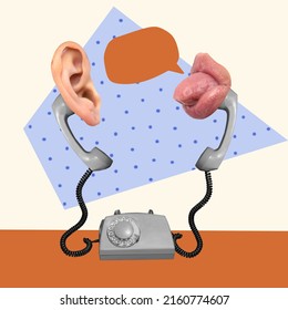 Contemporary art collage. Human ear and mouth with tongue sticking out appearing from retro phone. Talk, communcation. Concept of creativity, cooperation, artwork, business, retro design - Shutterstock ID 2160774607