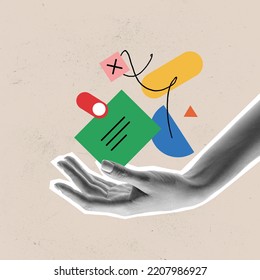 Contemporary art collage. Human hand with many widgets symbolizing working and lifestyle possesses. Planning. Concept of surrealism, creativity, retro style. Copy space for ad, poster - Shutterstock ID 2207986927