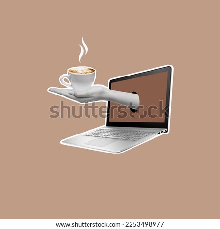 Contemporary art collage with human hand holding cup of coffee and laptop. Relaxation concept. Break from work for rest. Copy space.