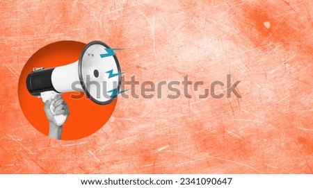 Contemporary art collage. Human hand holding megaphone and spreading news on orange background. Concept of information, creativity, social issues, rumors. A place to copy advertisements