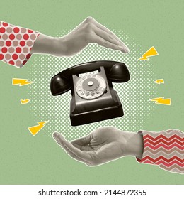 Contemporary art collage. Human hands holding retro vintage phone isolated over green background. Communication. Concept of style, retro, art, creativity, imagination. Copy space for ad - Shutterstock ID 2144872355