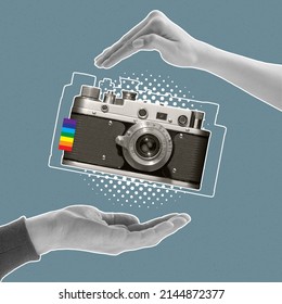 Contemporary art collage. Human hands holding retro camera isolated over blue backgroud. LGBTQIA support. Concept of vintage fashion, style, retro, art, creativity, imagination. Copy space for ad - Shutterstock ID 2144872377