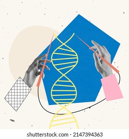 Contemporary art collage. Human hands over dna drawings, looking at hereditary material. Medical university, studying genetics. Concept of healthcare, medicine, laboratory, awareness - Powered by Shutterstock