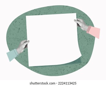 Contemporary art collage and human hands holding paper for advertising   information poster  Advertising concept  Bright background  Copy space for ad  text   design 