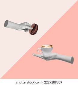 Contemporary art collage with human hands holding cup of coffee and coffee bean. Relaxation concept. Break from work for rest. Copy space.
 - Powered by Shutterstock