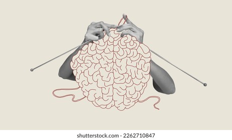 Contemporary art collage. Human hands knitting brain. Growing psychological and emotional stability. Abstract design. Concept of psychology, inner world, mental health, feelings. Conceptual art - Shutterstock ID 2262710847
