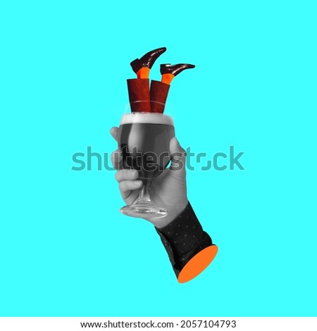 Contemporary art collage of human hands holding glass of foamy beer with diving male legs isolated over blue background. Concept of party, festival, leisure time, Oktoberfest. Copy space for ad